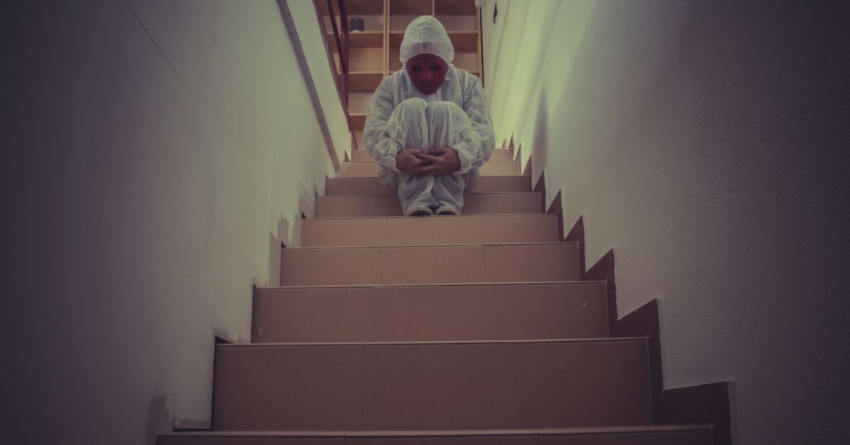 a man with biploar disorder sitting on a staircase
